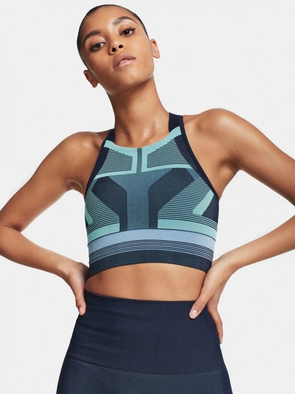 LNDR Spectrum Sports Bra Seamless M/L Blue Aqua Stretch Longline Medium Support